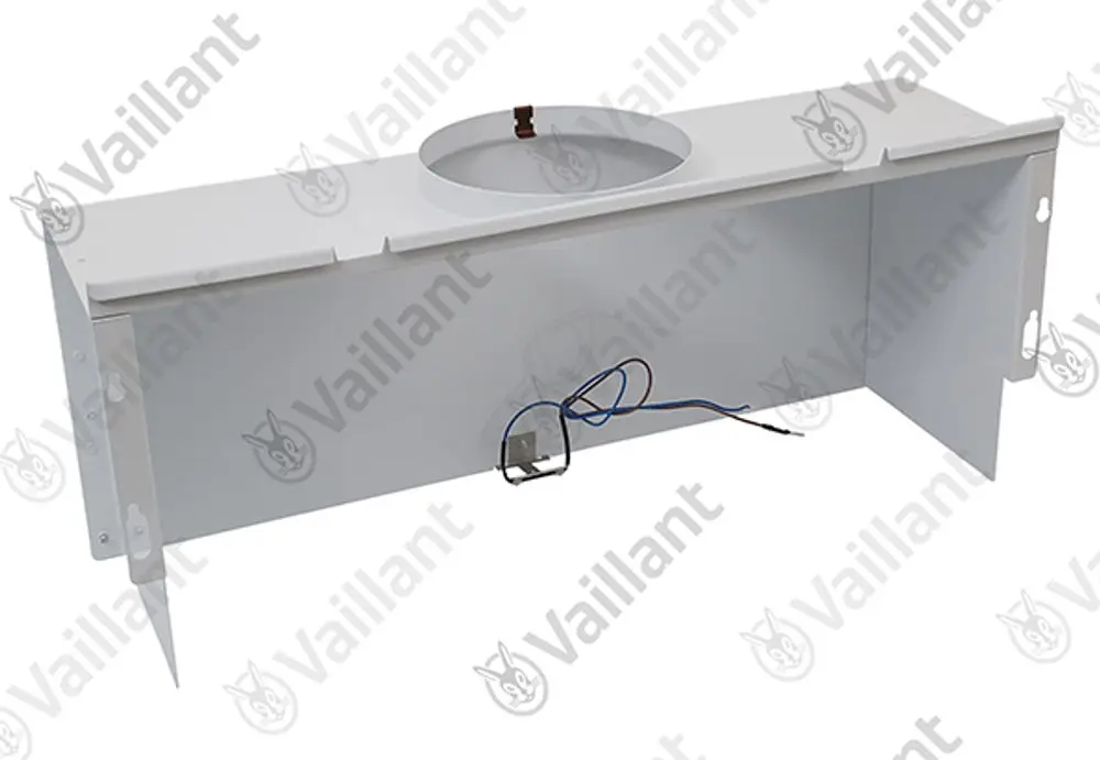 Weißes Gehäuse mit rundem Ausschnitt und Kabelanschluss, erkennbar als Vaillant-Komponente, ohne spezifische Maße oder Modellnummer im Bild.